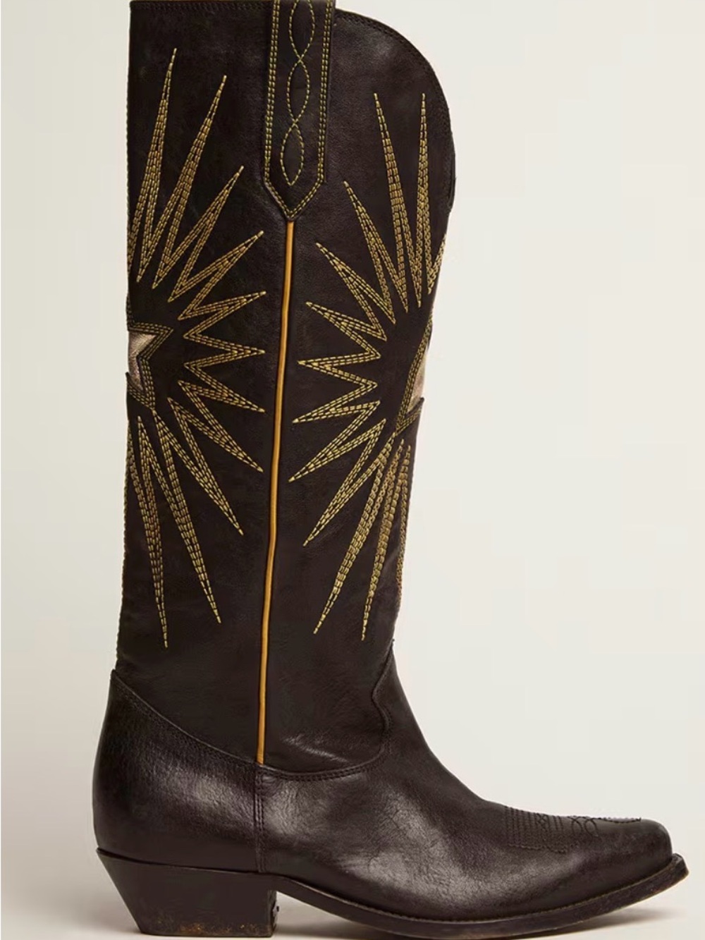 Golden Goose Black Leather Knee-High Western Boots with Gold Stitching